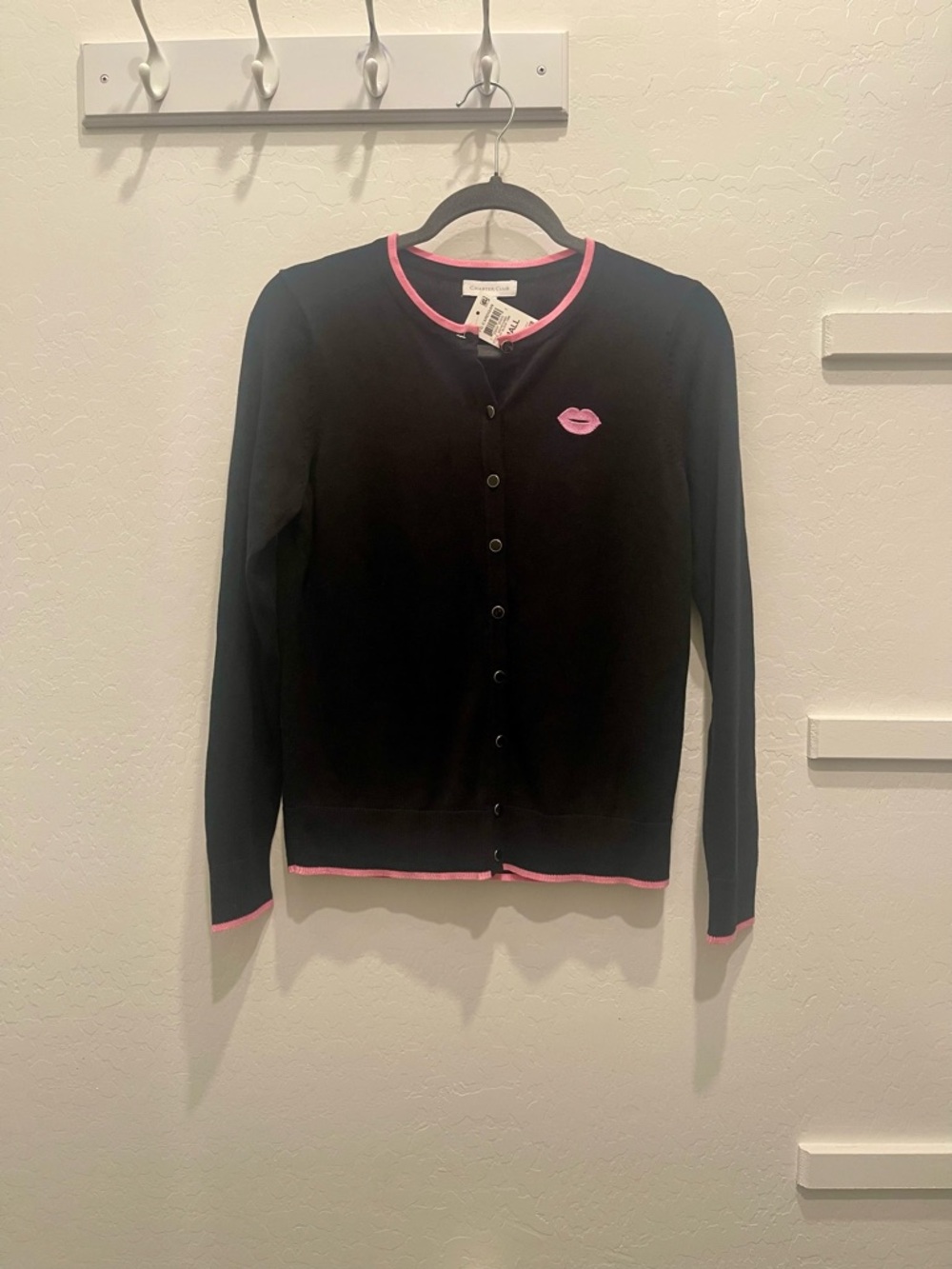 Charter Club Black Cardigan with Pink Trim and Lip Emblem